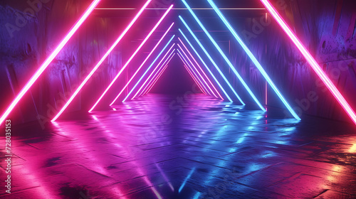 Dynamic 3D render of neon arrows moving in different directions, creating a visually captivating and futuristic composition.