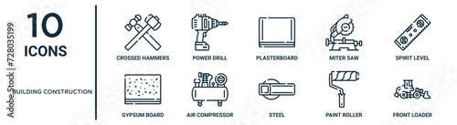 building construction outline icon set such as thin line crossed hammers, plasterboard, spirit level, air compressor, paint roller, front loader, gypsum board icons for report, presentation,