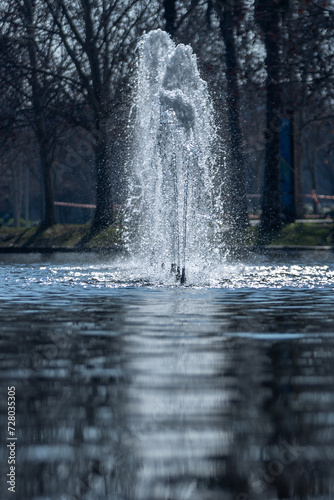 chorros de agua en fuente sobre un lago