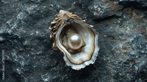 Open oyster with pearl inside laying on beach sand sea shore wallpaper background
