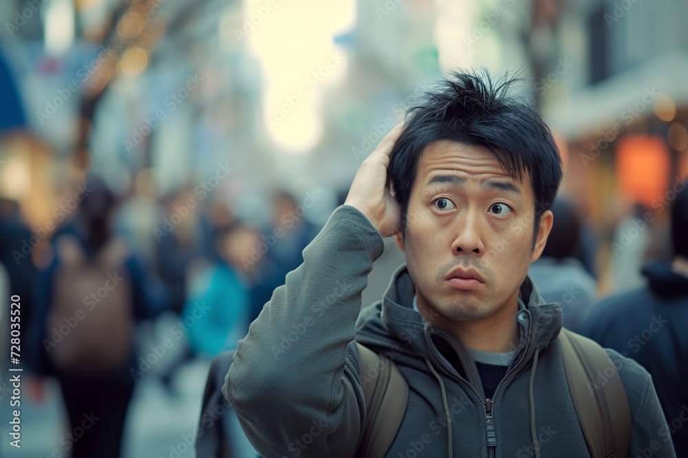 asian man on a busy pedestrian street asian man on a busy pedestrian street