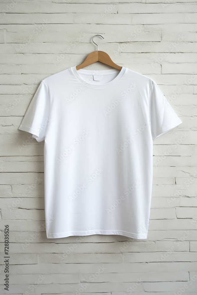 Blank white t-shirt hanging on hanger on brick wall background Blank white t-shirt hanging on hanger on brick wall background