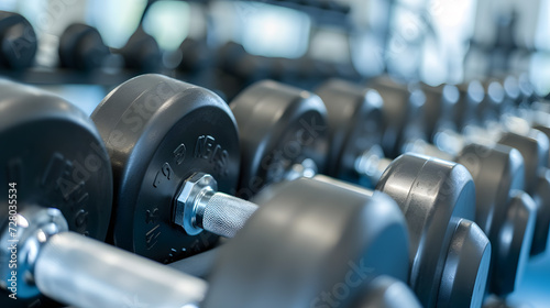Dumbbells in a row in a fitness club or gym photo