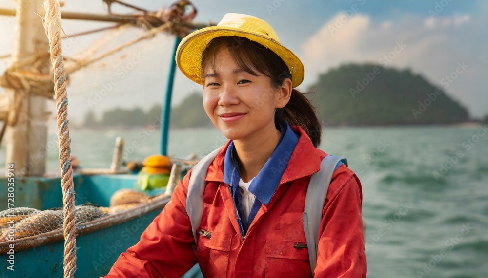 Sea boat fisher. Asian woman working in seafood industry
