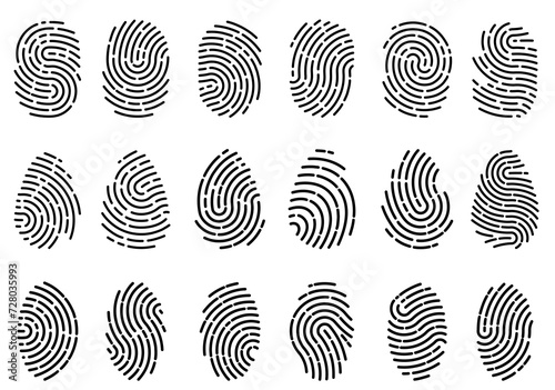 Finger prints. Different scanning fingerprints. Human ID pictograms. Security authentication. Thumbprints scanner. Criminal evidence. Identification sign. Biometric data icons vector set photo