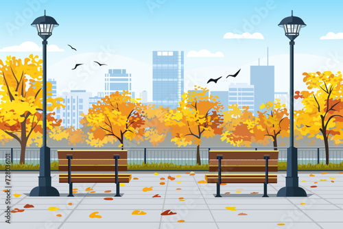Benches in a city park against the backdrop of city silhouettes. Autumn park with beautiful trees and falling leaves, lamp posts and city birds overlooking the buildings.