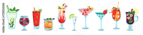 Cocktail drinks. Different alcoholic beverages. Popular bar menu. Various glasses. Exotic ingredients. Ice cubes and straw. Fresh tropical juice. Daiquiri and margarita. Garish vector set