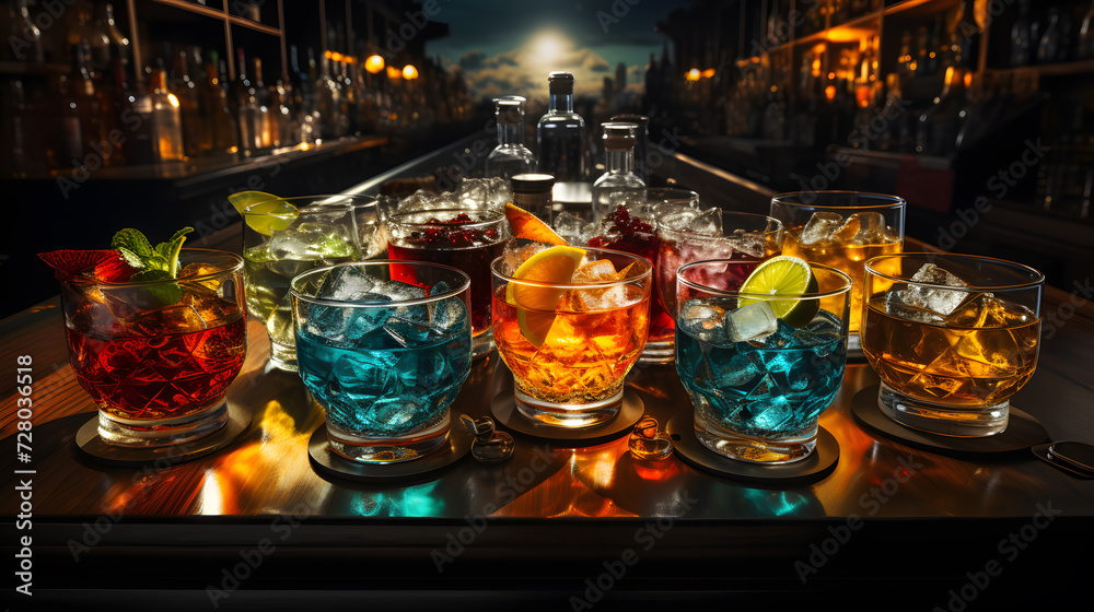 selection of colorful cocktails and drinks against black background