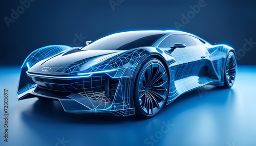 futuristic car wireframe concept. blue futuristic car technology illustration. Augmented reality concept of a futuristic wireframe car. technology background. creative illustration.