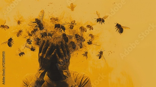 bees attack a person. a swarm of bees surrounded man's head. the man clasped his head in his hands. Panic attack. Phobia.