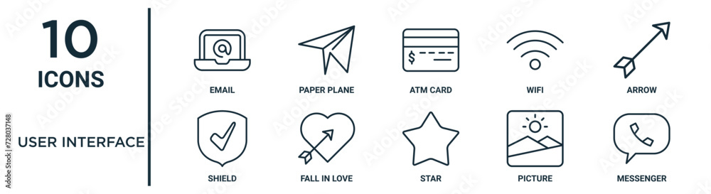 Vetor de user interface outline icon set such as thin line email, atm ...