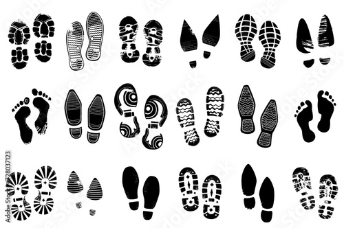 Black shoe footprints. Silhouette boot prints. Human steps traces. Sneakers sole imprints. Foot stamps. Grunge texture. Barefoot leg trails. Isolated pair footmarks. Recent vector set