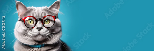 World Cat Day, serious domestic gray cat with glasses, vision check, ophthalmology salon, veterinary clinic, blue background, horizontal web banner, place for text