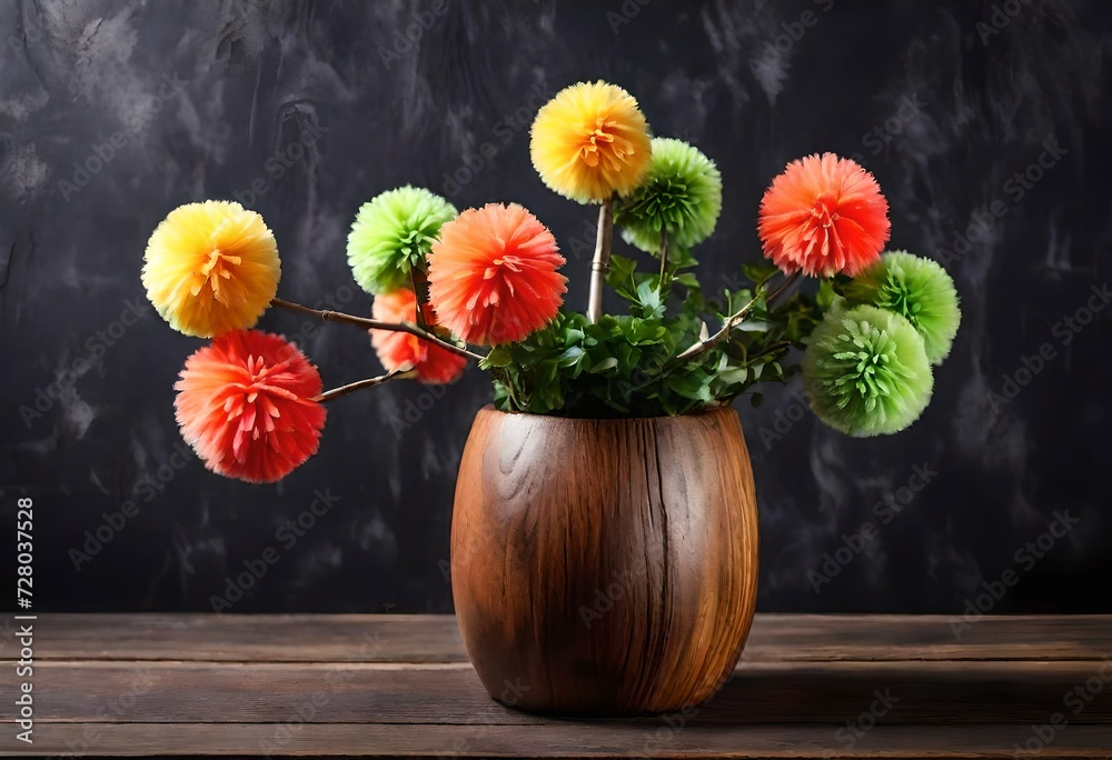 pom pom flower arrangement in a stylish  wooden vase  - obrazy, fototapety, plakaty 