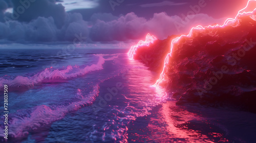 Dynamic 3D render of neon waves crashing on a digital shoreline  blending the organic and digital realms in a visually stunning composition