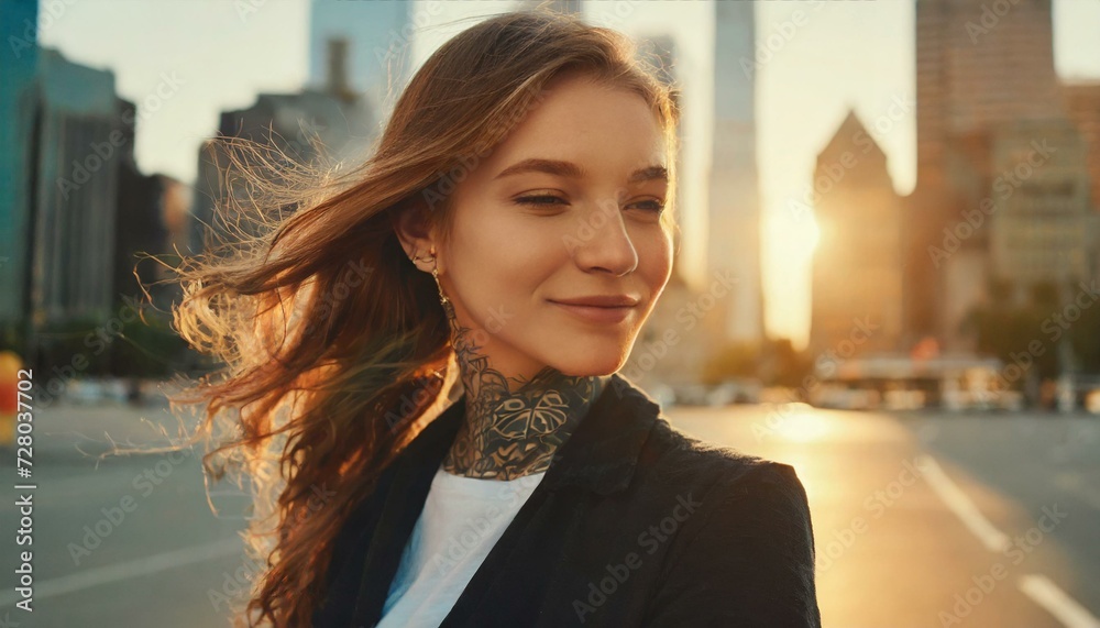 young woman with tattoos in city center young woman with tattoos in city center