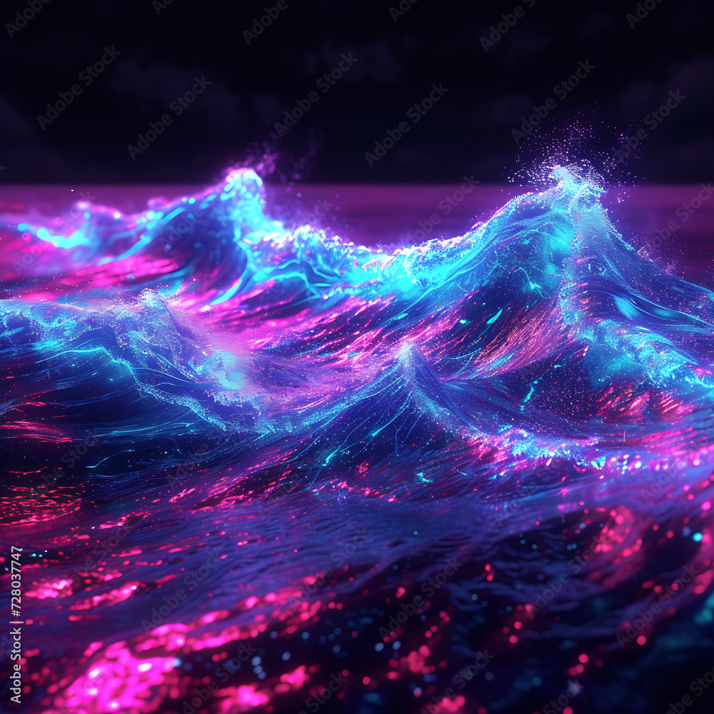 Dynamic 3D render of neon waves crashing on a digital shoreline, blending the organic and digital realms in a visually stunning composition