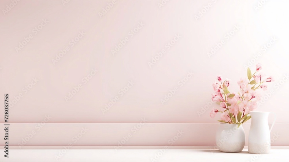 Empty white rectangle poster mockup with spring flowering tree branch with white flowers on pastel beige background. Flat lay, top view minimal pedestal for beauty, cosmetic product presentation