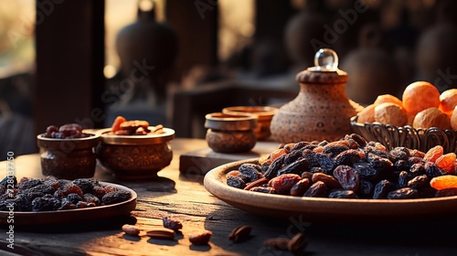 Empty copy space wooden table and Mix of dried fruits and nuts. Dates, dried apricots, prunes, raisins on a wooden spoon and on a wooden plate. Healthy delicious