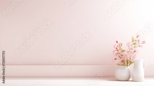 Empty white rectangle poster mockup with spring flowering tree branch with white flowers on pastel beige background. Flat lay, top view minimal pedestal for beauty, cosmetic product presentation