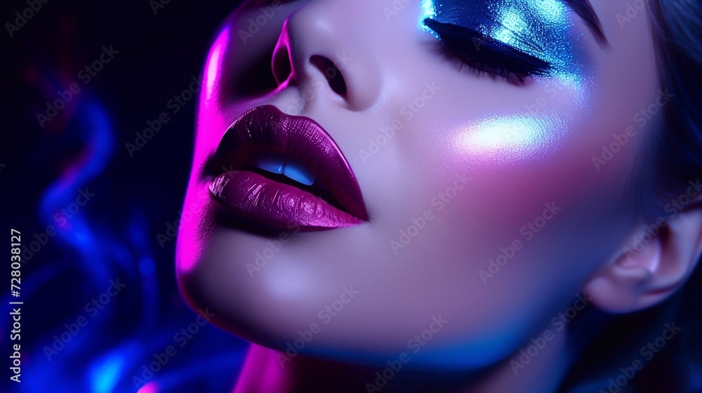 High fashion model with metallic silver lips and woman face in colorful bright neon ultraviolet blue and violet lights, posing in studio. Bright neon makeup. High fashion model with metallic silver lips and woman face in colorful bright neon ultraviolet blue and violet lights, posing in studio. Bright neon makeup.