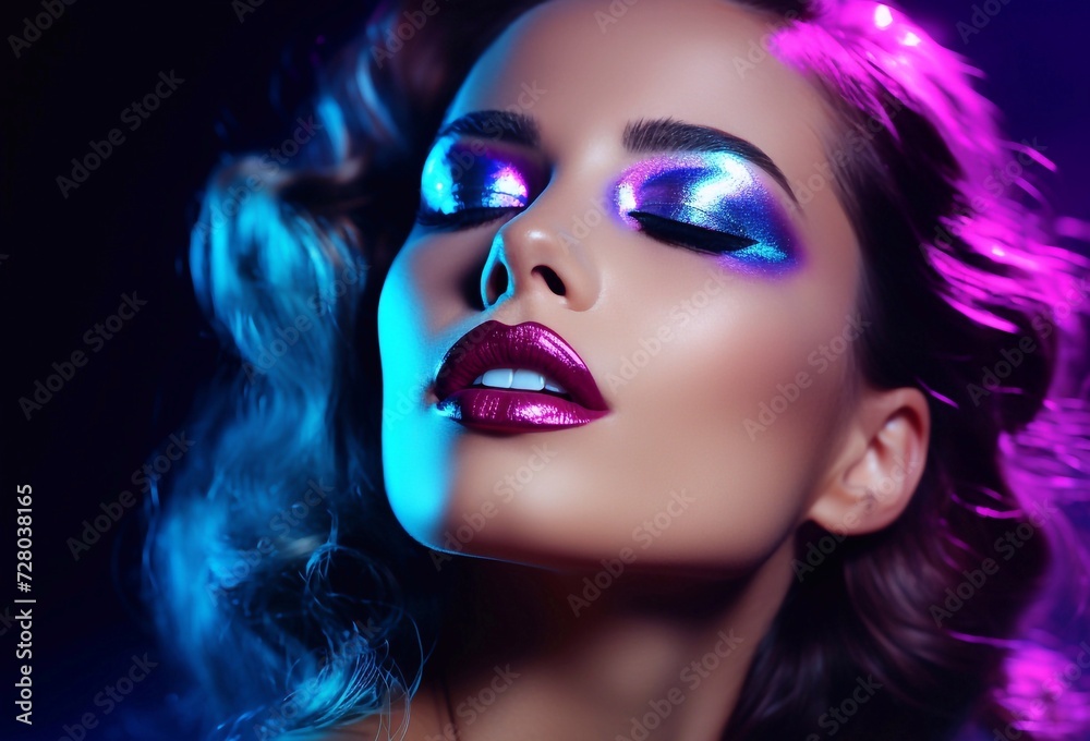 High fashion model with metallic silver lips and woman face in colorful bright neon ultraviolet blue and violet lights, posing in studio. Bright neon makeup.