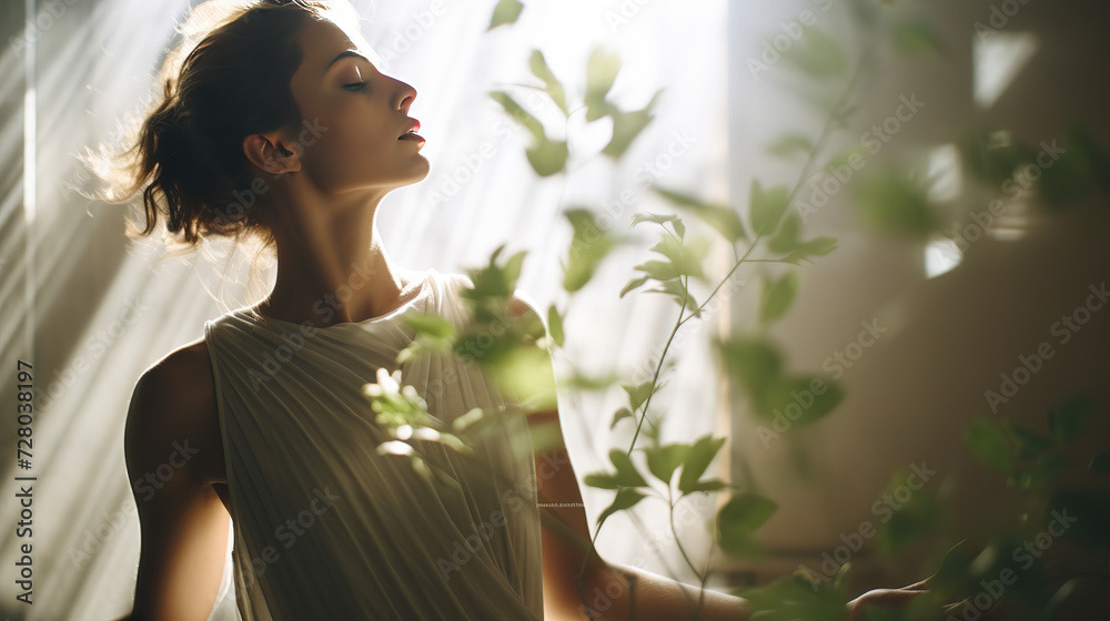 Beautiful young woman sitting in lotus position and looking at window