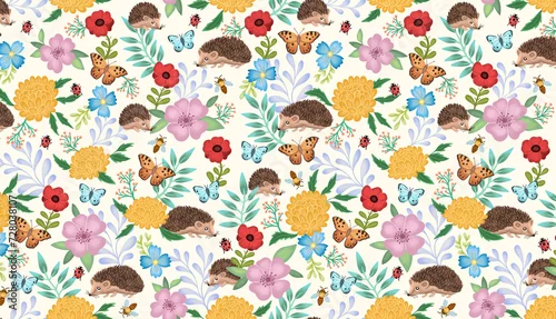 Fototapeta Motif hérissons abeilles et papillons fond blanc