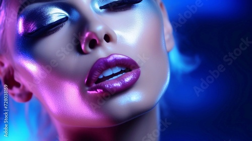 High fashion model with metallic silver lips and woman face in colorful bright neon ultraviolet blue and violet lights, posing in studio. Bright neon makeup.