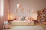 minimal modern kids room interior in pastel peach color in minimalist style bedroom with plush soft toys, bed, posters and bookshelves