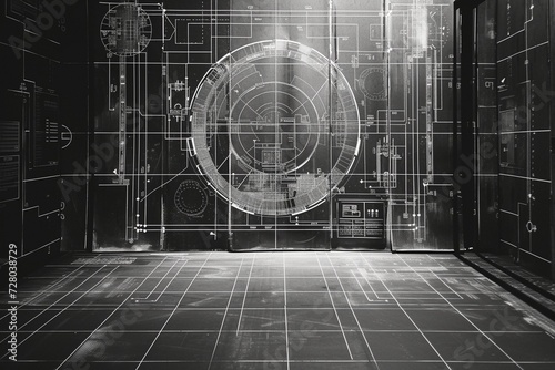 Futuristic sci-fi blueprint grid captured in black and white, with a front-facing perspective for a visually striking composition