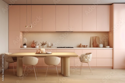 interior of minimal kitchen with pastel peachy doors and drawers. Trendy peach fuzz color palette. 