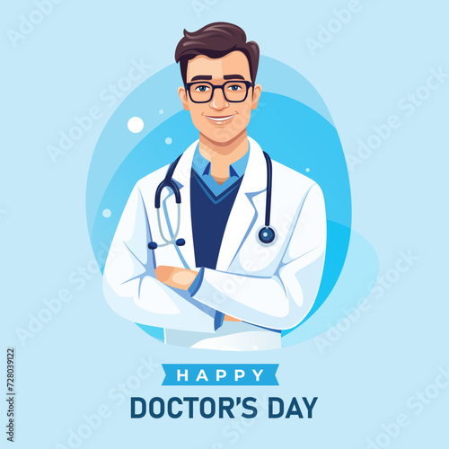 Doctors day simple vector illustration of physician, therapist man in doctor coat. National doctors day vector background design with young male doctor illustration.