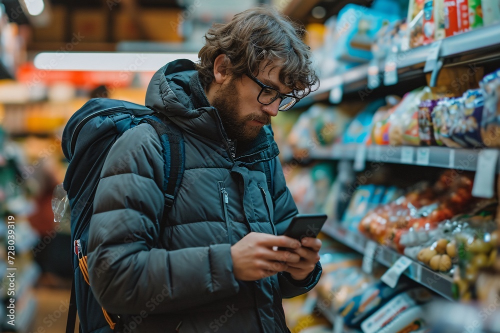 A stylish man checks his phone while browsing the bustling marketplace, surrounded by racks of clothing and shelves of goods, as a woman approaches the convenience store counter to make a purchase A stylish man checks his phone while browsing the bustling marketplace, surrounded by racks of clothing and shelves of goods, as a woman approaches the convenience store counter to make a purchase