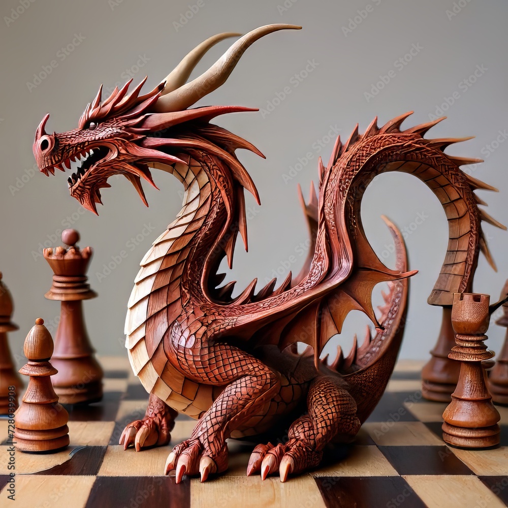 Fototapeta premium A mystic dragon carved of wood on a chess game in same colour