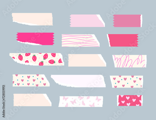 Cute Tape Strip Washi Ripped Paper Cherry Heart Srawberry Collection. Scrapbook Floral Flower Vector Floral Kids Element photo