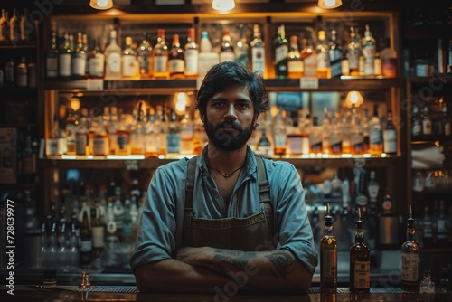 A solitary man stands behind a dimly lit bar, surrounded by bottles of liquor and shelves of glasses, as he serves drinks to the patrons of the cozy tavern