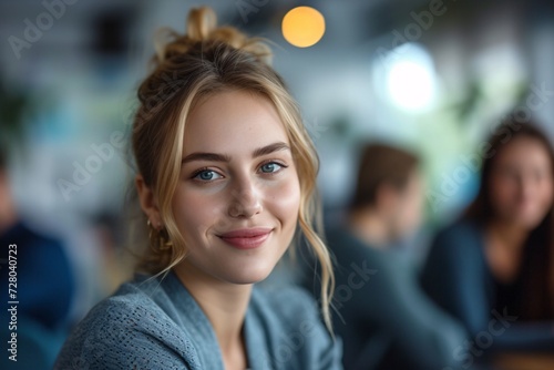 A captivating portrait of a cheerful lady with warm brown hair and a radiant smile  radiating joy and confidence as she poses for the camera in a stylish outdoor setting