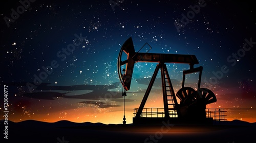 silhouette of industrial oil pump at sunset, fuel rig derrick, energy and power supply concept photo