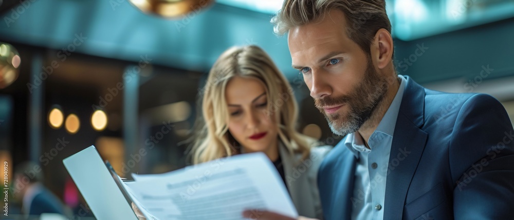 A man and woman dressed in professional clothing study documents on a laptop, their focused expressions revealing the importance of their work