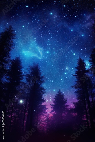 beautiful starry night sky with nebulas and stars over forest, beauty at nature © goami