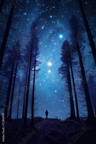 man standing at beautiful starry night sky with nebulas and stars over forest, person and beauty at nature