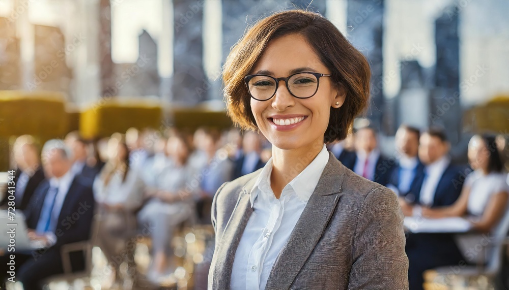 Confident businesswoman delivering a corporate presentation at a seminar or conference Confident businesswoman delivering a corporate presentation at a seminar or conference