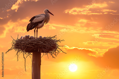 In a tranquil scene, a stork stands watch over its young in a high nest against a backdrop of a dramatic sunset.