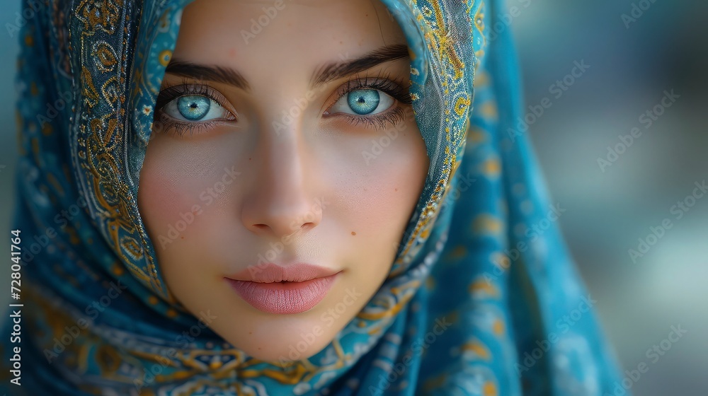 A beautiful Muslim woman with a blue headscarf and gold patterns. International Day to Combat Islamophobia.