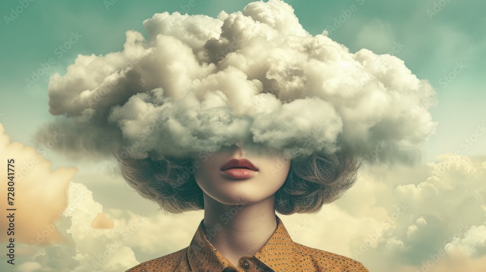 A surreal portrait of a woman with her head in the clouds - obrazy, fototapety, plakaty 