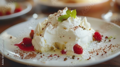 Panna cotta dessert with whipped cream and fresh raspberries