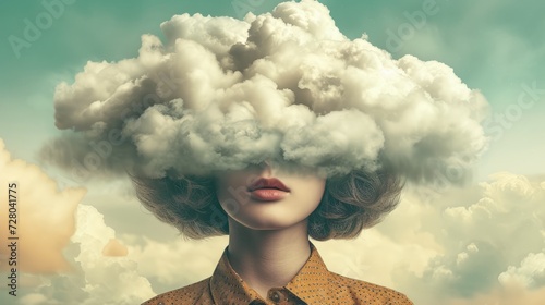 A surreal portrait of a woman with her head in the clouds