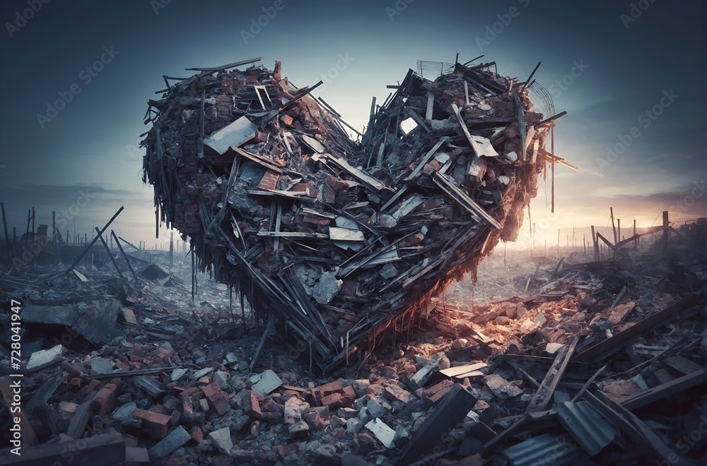 House rubble arranged into a heart shape House rubble arranged into a heart shape