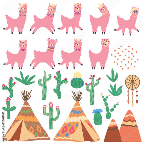 Cute llamas, cacti, Alps mountains, dream catcher, rainbows and hearts